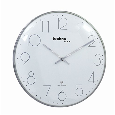 moderne, filigrane Funkwanduhr mit gewölbter Glasabdeckung und einem sehr übersichtlichen Ziffernblatt, von Technoline, Ø 40 cm, Chrom - Optik