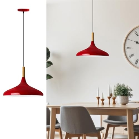 bamyum Champion Hängelampe Esstisch aus Holz und Metall 35 cm, Pendelleuchte Esstisch, Hängelampe Wohnzimmer, Küchenlampe Hängend E27, Pendelleuchte Rot für Schlafzimmer, Wohnzimmer