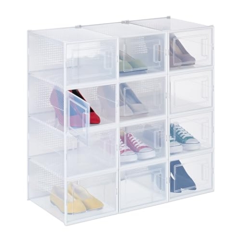 Relaxdays Schuhboxen 12er Pack, mit Tür, Schuhorganizer, stapelbar, Schuhe bis Größe 47, Lüftungsschlitze, transparent