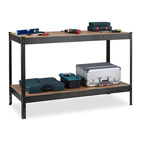 Relaxdays Werkbank, 600 kg, Werktisch, HBT 91 x 141 x 61 cm, 2 verstellbare Ebenen, Werkstatt Regal Stahl & MDF, schwarz