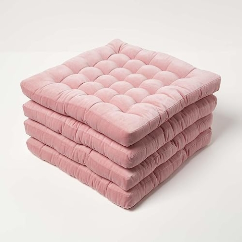 Homescapes 4er-Set Samt Stuhlkissen 40x40 cm rosa, Sitzauflagen mit Bändern, bequeme Sitzkissen für Stühle aus Baumwollsamt