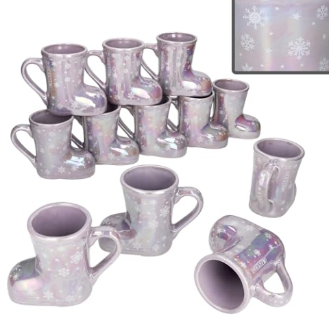 MamboCat 12er Set Glühweinstiefel Brillant Flieder mit Henkel I 200ml geeicht I Perlmutt-Glühweinbecher mit Schneeflocken & Sternen für 12 Personen I Keramik-Tasse für Tee, Feuerzangenbowle