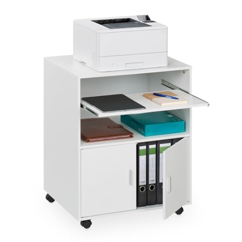 Relaxdays Rollcontainer mit 2 Fächern & Tastaturauszug, Druckertisch mit Rollen, HBT: 74 x 60 x 48 cm, Büroschrank, weiß