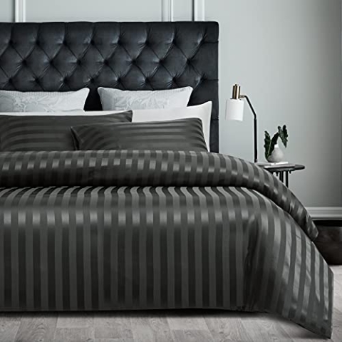 Damier Satin Bettwäsche 220x240cm Grau gestreift Bettwäsche Set 3-teilig Uni einfarbig hochwertiges Seidig glänzend Bettbezug mit verdecktem Reißverschluss und 2 Kissenbezüge 80 × 80 cm