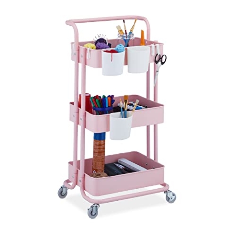 Relaxdays Rollwagen, 3 Etagen, 2 Bremsen, Allzweckwagen für Küche und Büro, Rollregal HBT 86x38x39 cm, Metall, rosa