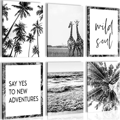 Novart Wandbilder - KEIN EXTRA RAHMEN BENÖTIGT - Wohnzimmer Schlafzimmer - Bilder Modern Palmen Giraffen Meer - Schwarz Weiss - N014365a