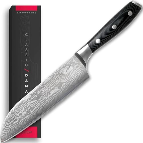 Eden Classic Damast Santoku 18 cm Küchenmesser EQ2030-318 Japanisches Kochmesser zum Schneiden und Schälen, Damaststahl