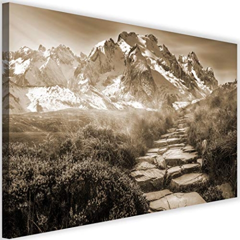 Feeby Bilder Berge 120x80 cm - Leinwandbild 1 Teilig XXL Kunstdruck Pfad Steine Sepia