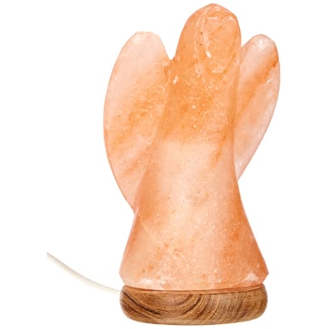 HIMALAYA SALT DREAMS Beleuchteter Salzkristall Engel groß mit Holzsockel, Kristallsalz aus Punjab/Pakistan, Orange, ca. 19 cm
