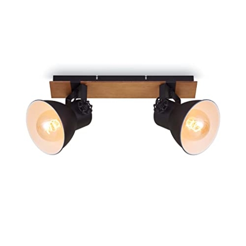 Briloner Leuchten Deckenlampe retro mit Holzbalken, 2-flammige Deckenleuchte vintage, E27 Fassung max. 40 Watt, verstellbare Lampenschirme, rustikaler Deckenspot, Schwarz-Weiß-Holz, 1 Stück (1er Pack)