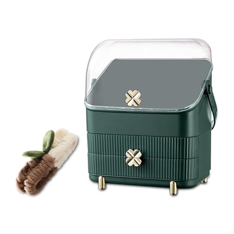 Galatée Tragbare Make Up Organizer Kosmetikbox Kosmetische Aufbewahrungs Box Mit Staubdichtem Deckel, Beauty Organizer Mit 2 Schubladen Und Tragegriff,Schublade Kosmetik,180°Drehbar (Grün - C)