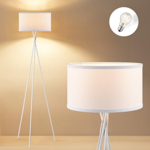Home Sweet Home Moderner weiß Metall Stehlampe | 53/53/138cm｜mit E27 LED-Lichtquelle 4W 2700K | Stehleuchte Retro mit Dreibeinstativ| Mit weiß Lampenschirm｜fur Schlafzimmer