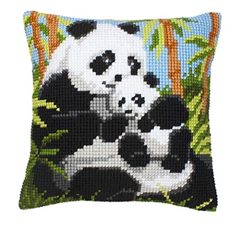 VERVACO Kreuzstich Stickpackungen Kissen Stickerei Set Anfänger Vorgedruckt Panda DIY Set Kreativ Set Für Erwachsene Dekoratives Kissen ca. 40 x 40 cm Bastelset Handwerker Haus Dekoration