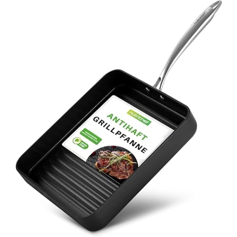 NutriChef Grillpfanne, 28cm- Grillpfanne Induktion, Quadratische- Stekapfanne, Gusseisenpfanne, Grill Pan- Antihaftbeschichtet, Bratpfanne- Für Alle Herdarten, Ofenfest, Robuste Griffe & Hohe Rillen