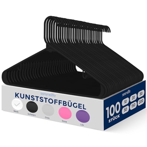 SereneLife Platzstparende Kleiderbügel Schwarz 100 Stück, Gardarobenbügel rutschfest aus Kunststoff für Kleideraufbewahrung & Organisation, Hanger Ultradünn & Robust, Leicht und Funktionell