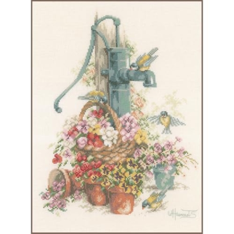 Lanarte Kreuzstich Stickpackungen Gezählter Kreuzstichbilder Set BLUMEN/WASSERPUMPE Wanddekoration Handarbeit Set für Erwachsene 29 x 39 cm DIY Deko Bastelset Handwerker Kreative Geschenkset