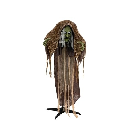 Halloween Figur Hexe buckelig, animiert, 145cm | Animierte Figur mit Licht- und Soundeffekt (Batterie- & USB-Betrieb)