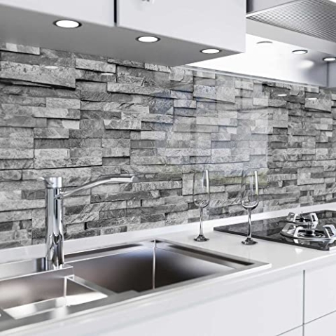 danario Küchenrückwand selbstklebend - Glasoptik - Spritzschutz Küche - versteifte PET Folie - 0,8 mm - Steinwand - 60cm x 280cm
