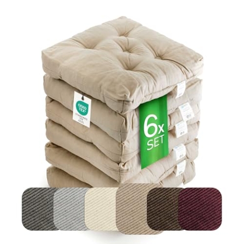 etérea Sitzkissen 42x42 cm 6er Set - Taupe 8 cm hoch - Bodenkissen für Indoor, Outdoor, Küche, Garten, Auflage - Heidi Stuhlauflage - 6 Stück Stuhlkissen 40x40 cm Taupe