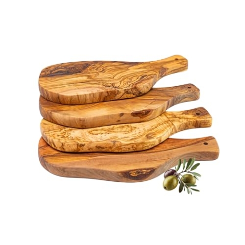 Erreke Holzbrett Küche, Olivenholzbrett, Schneidebrett Holz, Servierbrett Holz, Schneidebrett Olivenholz, 4er Pack Servierbrett Set, Fingerfood Käse Vorspeisen Brot Handarbeit (ca. 28cmx13cm, 4 Stück)