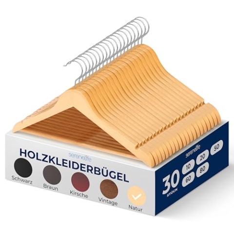 SereneLife Holzkleiderbügel rutschfest für Jede Garderobe, Bügel aus Holz mit 360° drehbarer Haken & Einkerbungen im Schulterbereich, Clothes Aufhänger für Jacken, Kleider & Hosen, Natur, 30 Stück
