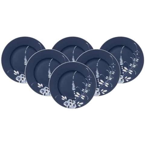 Villeroy & Boch Vieux Luxembourg Brindille Frühstücksteller 6er Set, 22 cm, Dessertteller mit weißem Dekor, Premium Porzellan, Blau