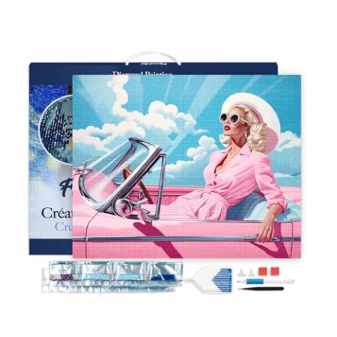 Figured'Art Diamond Painting Erwachsene 40x50cm Mit Rahmen Ganze Leinwand gespannt Diva in einem rosa Retro–Auto 5D Bilder Eckige Steine - DIY Set Basteln