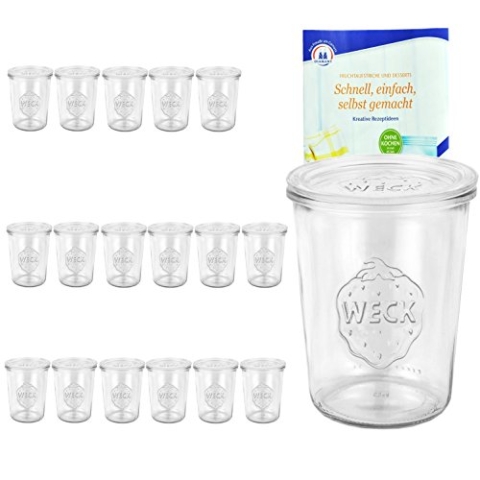 18er Set Original WECK 3/4-Liter Sturzglas, 850 ml, Rundrandglas RR100 + Glasdeckel + GRATIS Rezeptheft, Einmachglas, Einweckglas, Einlegen + Einkochen + Konservieren in glasklaren Weckgläsern