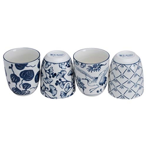 TOKYO design studio Flora Japonica 4-teiliges Tassen-Set im Yunomi-Stil, Porzellan-Teetassen, dekorative Geschenk-Box, mikrowellen- und spülmaschinenfest, je 14 ml, blau und weiß