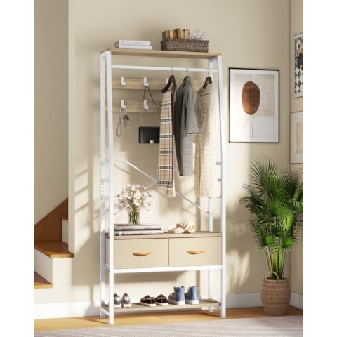 YITAHOME Garderobenregal mit Schuhschrank, freistehender Dielenbaum mit Bank und 2 klappbaren Schubladen, Industriegarderobe mit 8 Haken für Flur Wohnzimmer Schlafzimmer, Metallrahmen, Beige