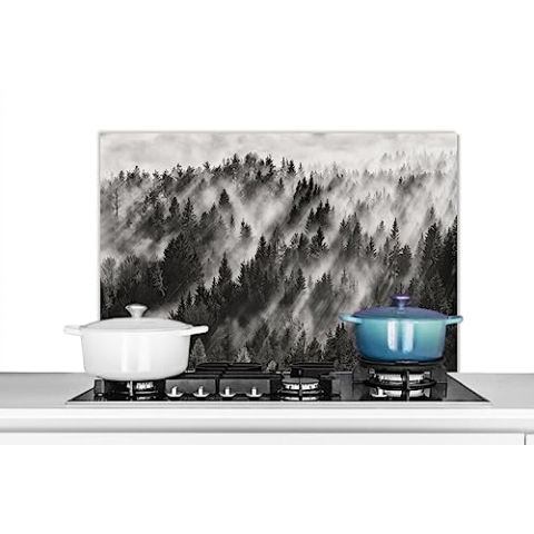 KitchenYeah© Küchenrückwand Platte Spritzschutz Küche Deko Aluminium Platte Spritzschutz Herd Alternative für GlasplatteLandschaft - Nebel - Wald - Natur - 80x55 cm
