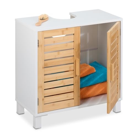 Relaxdays Waschbeckenunterschrank mit 2 Türen, HBT: 60x60x32 cm, Bambus & MDF, Badunterschrank Waschbecken, weiß/Natur