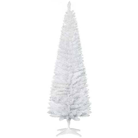 HOMCOM Künstlicher Weihnachtsbaum 1,8 m, Schmaler Christbaum mit Ständer, 390 Äste, Zerlegbar, Weihnachtsdeko Kunststoff Tanne Weiß, Ø55 x 180 cm