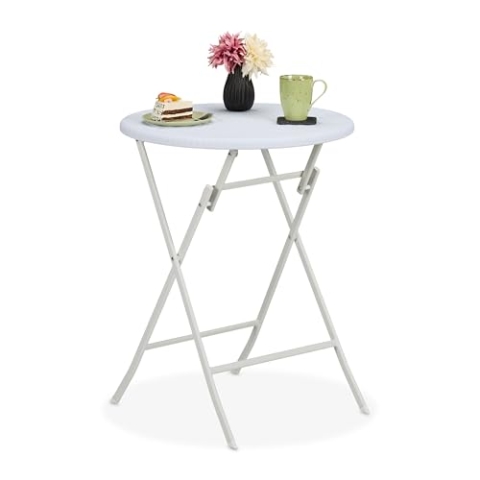 Relaxdays Gartentisch Rattan-Optik, rund, HxD: 75 x 60 cm, Balkontisch, Kunststoff & Metall, Outdoor Tisch, weiß