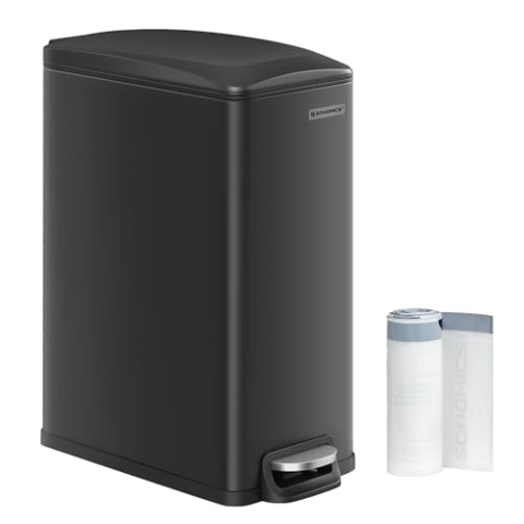 ‎SONGMICS Mülleimer Küche, 48 Liter, schmal, Abfalleimer, Tretmülleimer für enge Räume, Küchenmülleimer mit Softclose-Deckel und Inneneimer, Stahl, 15 Müllbeutel inklusive, schwarz LTB510B4802