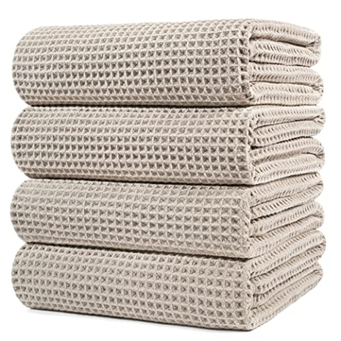 Polyte - Mikrofaser-Badetuch - fusselfrei & schnelltrocknend - Waffelstruktur - sehr groß - Beige - 152 x 76 cm - 4 Stück