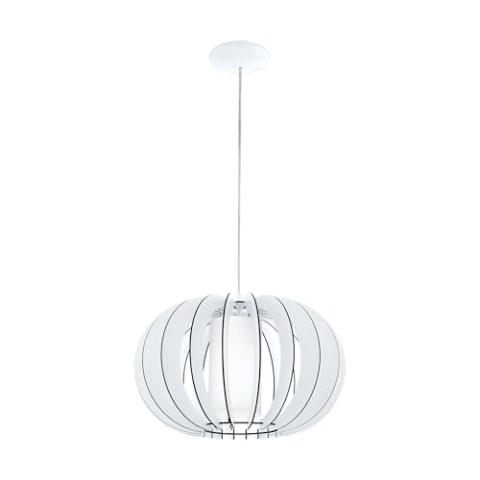 EGLO Pendelleuchte Stellato 2, 1 flammige Hängelampe Vintage, Hängeleuchte aus Stahl, Holz und Glas in Weiß, Esstischlampe, Wohnzimmerlampe hängend mit E27 Fassung, Ø 40 cm