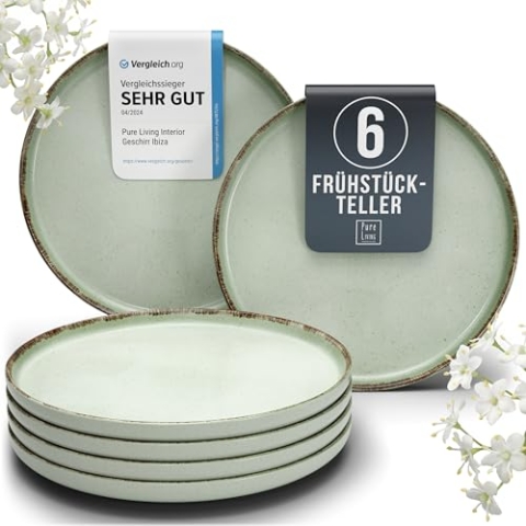 Steingut Frühstücksteller 6 Pers. Rustic Hochwertiges Landhausstil TEST SEHR GUT Dessertteller Set - Kuchenteller spülmaschinen- und kratzfest - Kleine Teller, Salatteller Pure Living in Mintgrün