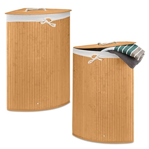 2 x Eckwäschekorb Bambus, faltbare Wäschebox 60 Liter, platzsparend, Wäschesack Baumwolle, 65 x 49,5 x 37 cm, natur