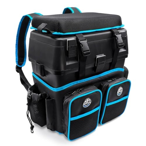 Pro Tackle Allround Sitzkiepe mit Rucksacksystem – Stabile, leichte Kiepe für Angler, Gepolsterte Sitzfläche, Integrierter Rutenhalter, 3 Reißverschlusstaschen (Sitzkiepe + Rucksacksystem (Blau))
