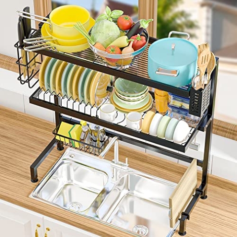 NETEL Geschirr Abtropfgestell Über Spüle,3 Ebenen Abtropfständer,Rostfreie Abtropfgitter Abtropfschale Küchen Organizer mit Utensilienhalter,Schneidebretthalter,Messerblock,Schwarz,Länge 64cm