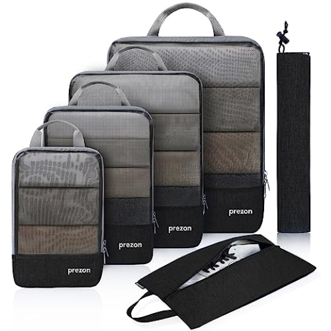 Prezon Komprimierbaren Packwürfeln mit Reiseschuhtasche und Wäschesack, Erweiterbarer Koffer-Organizer, Packtaschen Set zur Organisation Ihres Reisegepäcks, Gepäck Organizer für Rucksack & Koffer