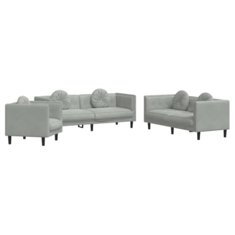 vidaXL Sofagarnitur 3-TLG., Sessel Couch Sofa für Wohnzimmer, Loungesofa Polstersofa mit Kissen, Couchgarnitur Sitzmöbel, Modern, Hellgrau Samt