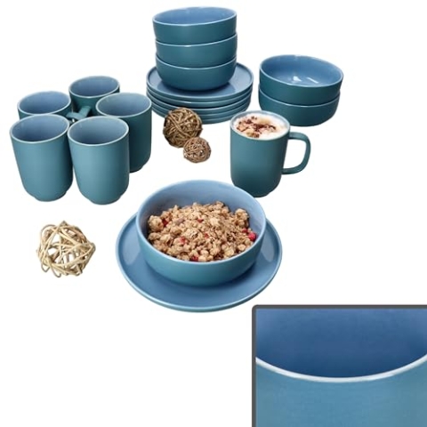 Ritzenhoff & Breker Jasper 18tlg Frühstücksset Ozeanblau I Je 6X kleine Teller, Schalen 360ml & Kaffeebecher 250ml, Höhe 10,4cm für 6 Personen I Steingut-Geschirr für Frühstücks- & Kaffeezeit