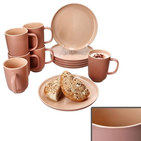 Ritzenhoff & Breker Jasper 12tlg Frühstücksset Puder I Je 6X kleine Teller & Kaffeebecher 250ml, Höhe 10,4cm für 6 Personen I Tasse, Kuchenteller I Steingut-Geschirr für Frühstücks- & Kaffeezeit