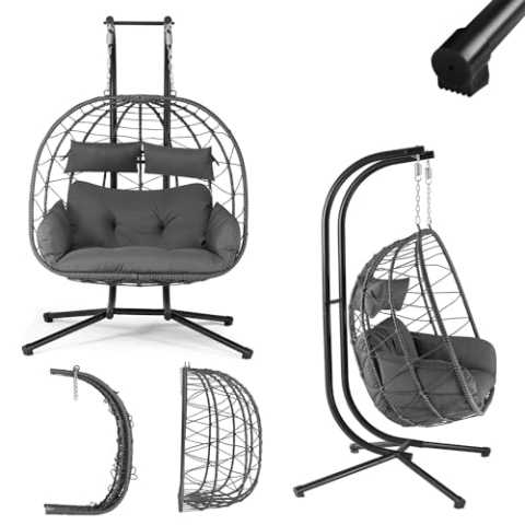 Juskys Doppelhängesessel Aria - Polyrattan Hängesessel mit Gestell & Kissen - Schaukel für Zwei Personen - Outdoor Indoor Sessel - XXL Korb Grau