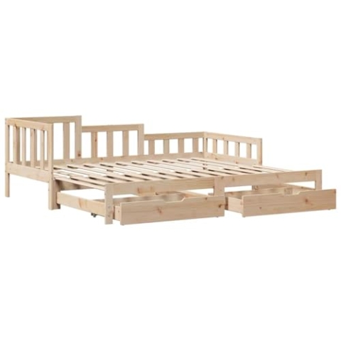vidaXL Tagesbett, Bettsofa Ausziehbar mit Schubladen, Gästebett ohne Matratze mit Lattenrost, Ausziehbett Schlafsofa, 90x190cm Massivholz Kiefer