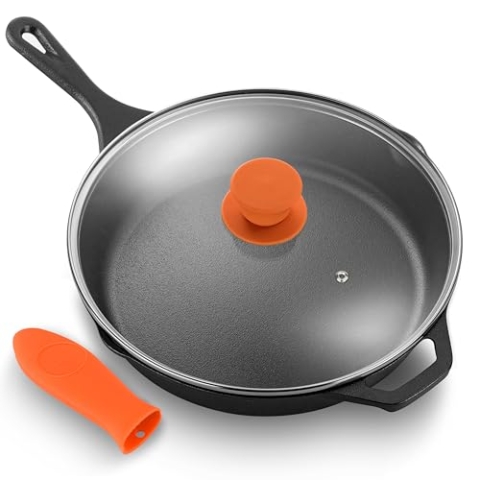 NutriChef Pfanne mit Deckel, 30cm- Pfanne, Bratpfanne- mit Ergonomischer Silikongriff & Hoher Rand, Pan- aus Gusseisen, Antihaftbeschichtet, für Iduktion, Keramik, Gas & Elektro, PFOA- & PFOS-frei