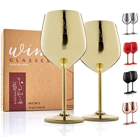 Weingläser mit Stiel aus Edelstahl - Unzerbrechliche Kelche mit 540 ml Fassungsvermögen für Poolpartys im Freien, Jubiläen - Elegantes Trinkgeschirr in Gold für Champagner und Cocktails (2er Pack)