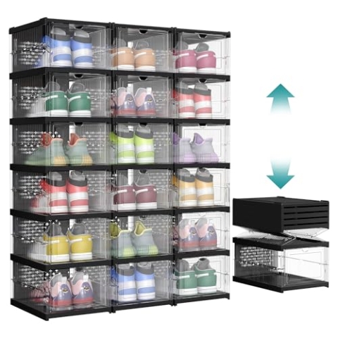 SONGMICS Schuhschrank 3er Set, mit 18 Schuhboxen, integrierter Schuh-Organizer, faltbar, tragbar, für Schuhe bis Größe 46, 1-Min-Montage, transparent-tintenschwarz LSP207B01
